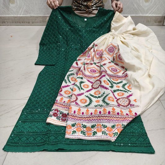 Green Beautiful Embroidered Phulkari Kantha Salwar & Chikankari Kurti Set - Inayakhan Shop 