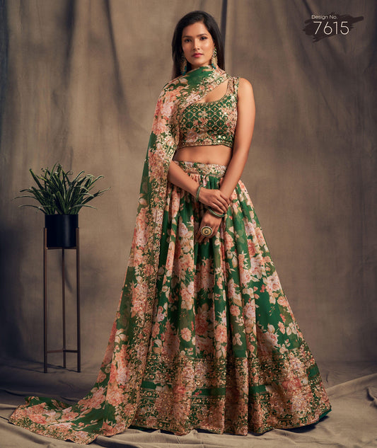 Green Blossom Beauty Floral Custom Lehenga with Big Flair - Inayakhan Shop 