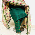Green Cambric Cotton Chikankari Kurti with Silk Phulkari Pom Pom Dupatta