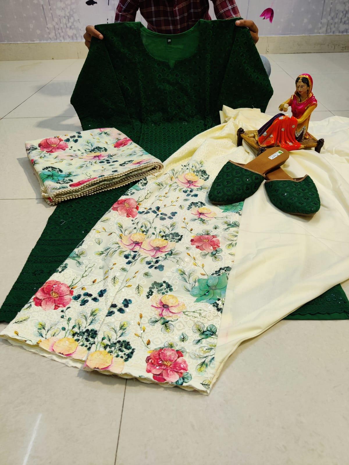 Green Chikan Elegance Patiala Salwar Suit Set with Jutti - Inayakhan Shop 
