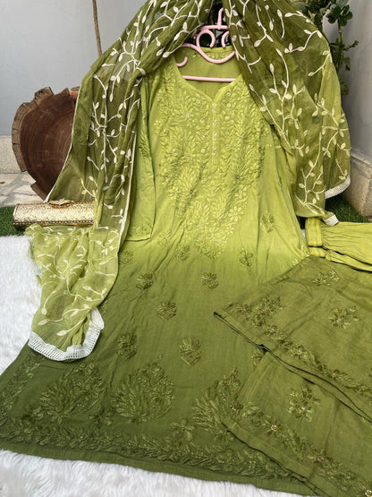 Green Chikankari Elegance in Rayon Emsemble - Inayakhan Shop 