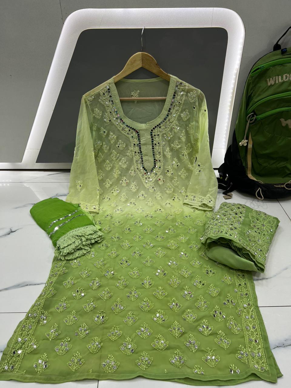 Green Chikankari Elegance Ombré Mirror Booti Jaal Set - Kurti, Sharara & Dupatta - Inayakhan Shop 