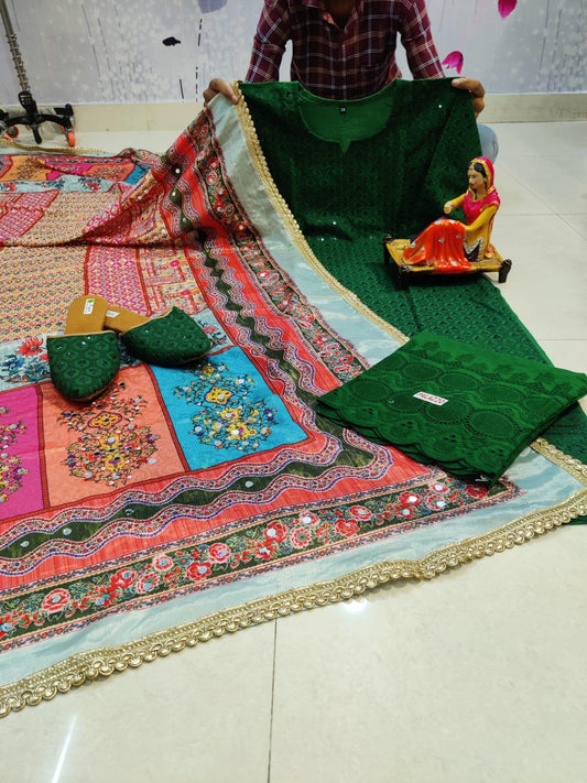 Green Chikankari Kurta and Pallazo With Jutti and Beautiful Multicolor Pakistani Mirror Dupatta - Inayakhan Shop 