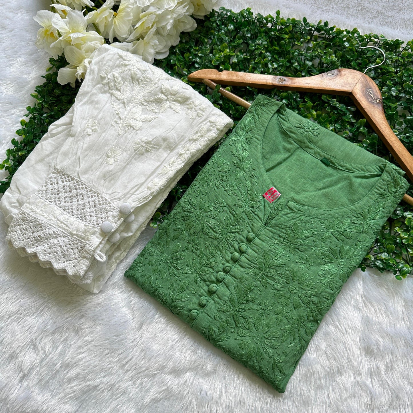 Green Color Modern Mirage Cotton Kurti & Afghani Pant Ensemble - Inayakhan Shop 