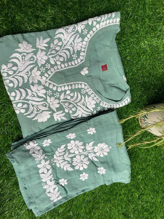 Green Color Summer New Arrival Designer Chikankari Kurti Pant Set - Inayakhan Shop 