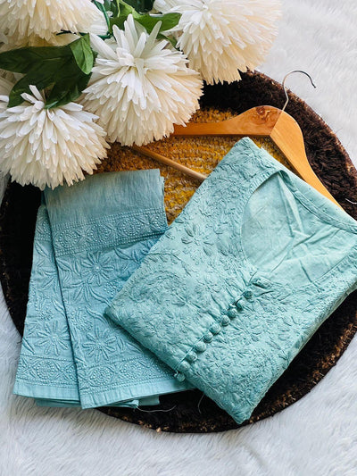 Green Cotton Chikankari Hand Work Kurti Suits Online