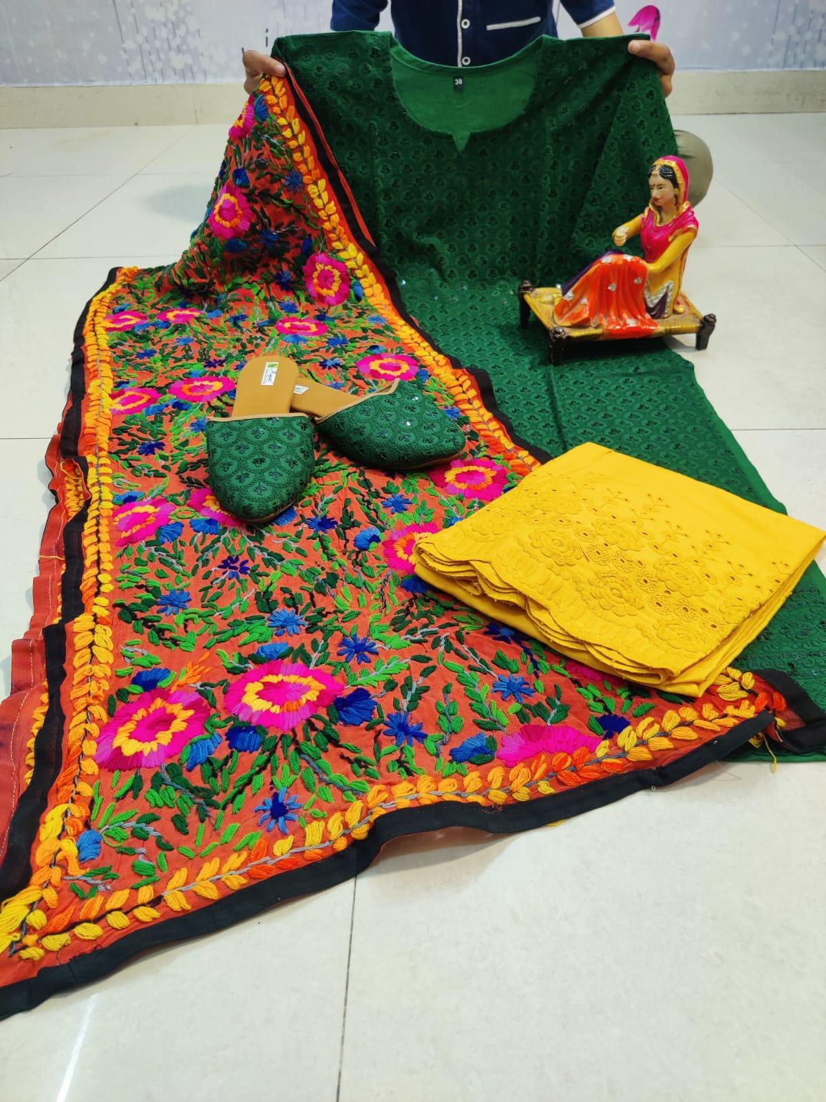 Green Cotton Phulkari Suit with Beautiful Chikan & Sequins Embroidery Work Shopping Online - Inayakhan Shop 