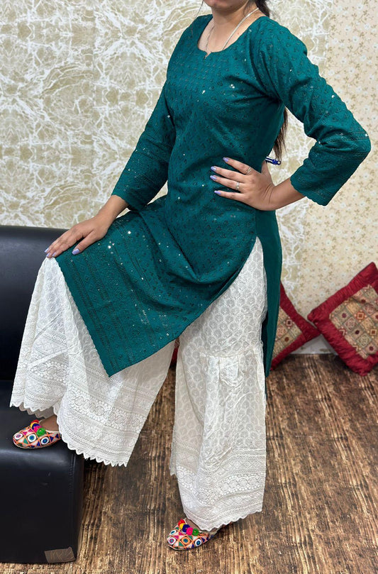 Green Cutwork Embroidered Kurti with Full Chikan Ghaara Set - Inayakhan Shop 