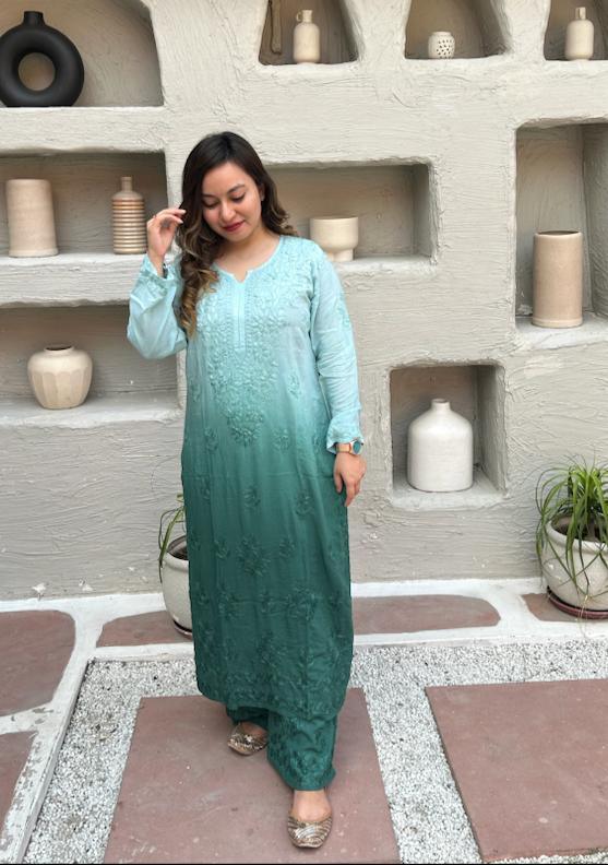 Green Dual Shades Chikankari Elegance Modal Kurti and Plazo Set - Inayakhan Shop 