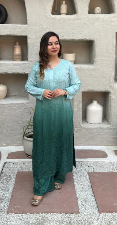 Green Dual Shades Chikankari Elegance Modal Kurti and Plazo Set - Inayakhan Shop 