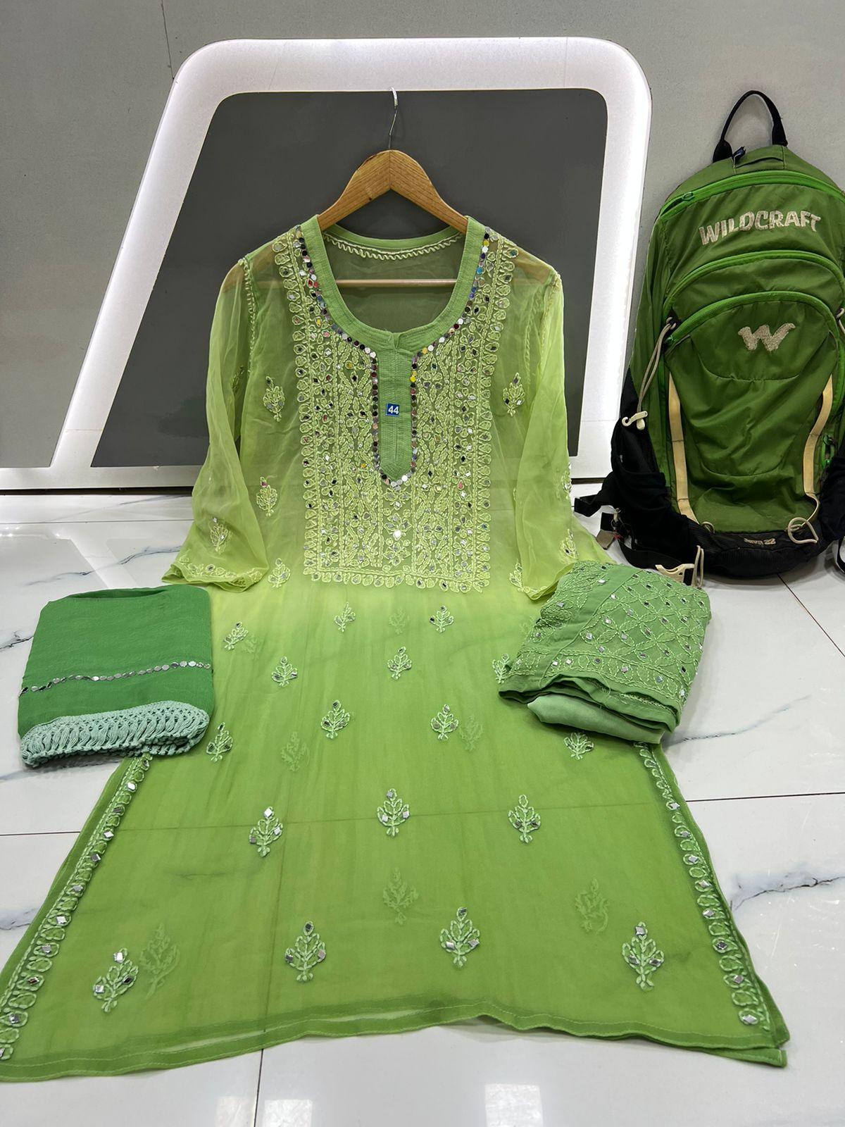 Green Dye Ombre Georgette Kurti Set With Sharara and Chiffon Dupatta(Inner Included) - Inayakhan Shop 