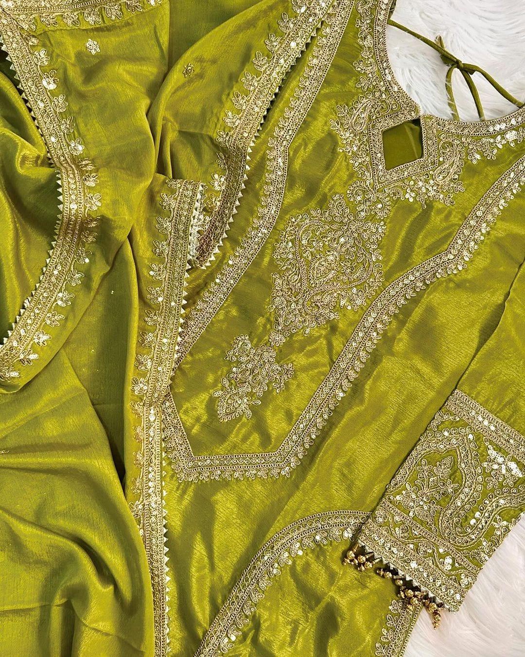 Green 🌟 Eid Special: Designer Chinon Silk Top, Plazzo & Dupatta Set 🌟 - Inayakhan Shop 