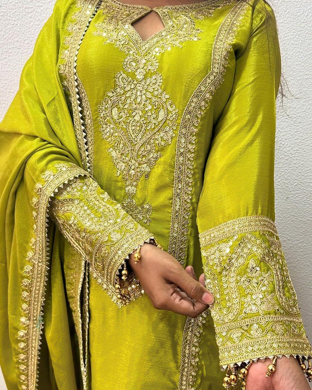 Green 🌟 Eid Special: Designer Chinon Silk Top, Plazzo & Dupatta Set 🌟 - Inayakhan Shop 