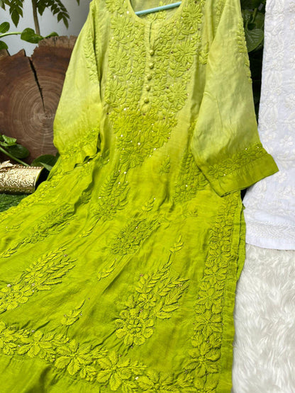 Green Elegance in Motion 3D Quraishiya Button Pure Muslin Kurti Set - Inayakhan Shop 