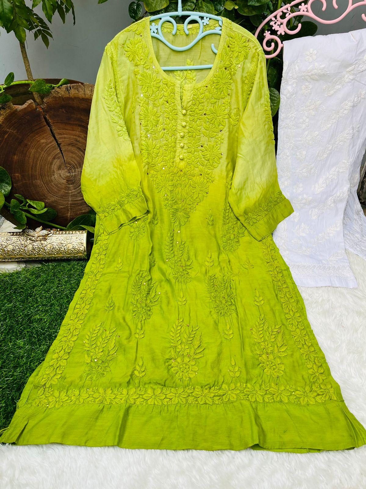 Green Elegance in Motion 3D Quraishiya Button Pure Muslin Kurti Set - Inayakhan Shop 