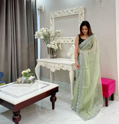 Green Elegant Burburry Silk Saree with Sequins Work - Inayakhan Shop 