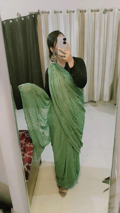 Green Elegant Chikankari Georgette Saree with Black Blouse - Inayakhan Shop 