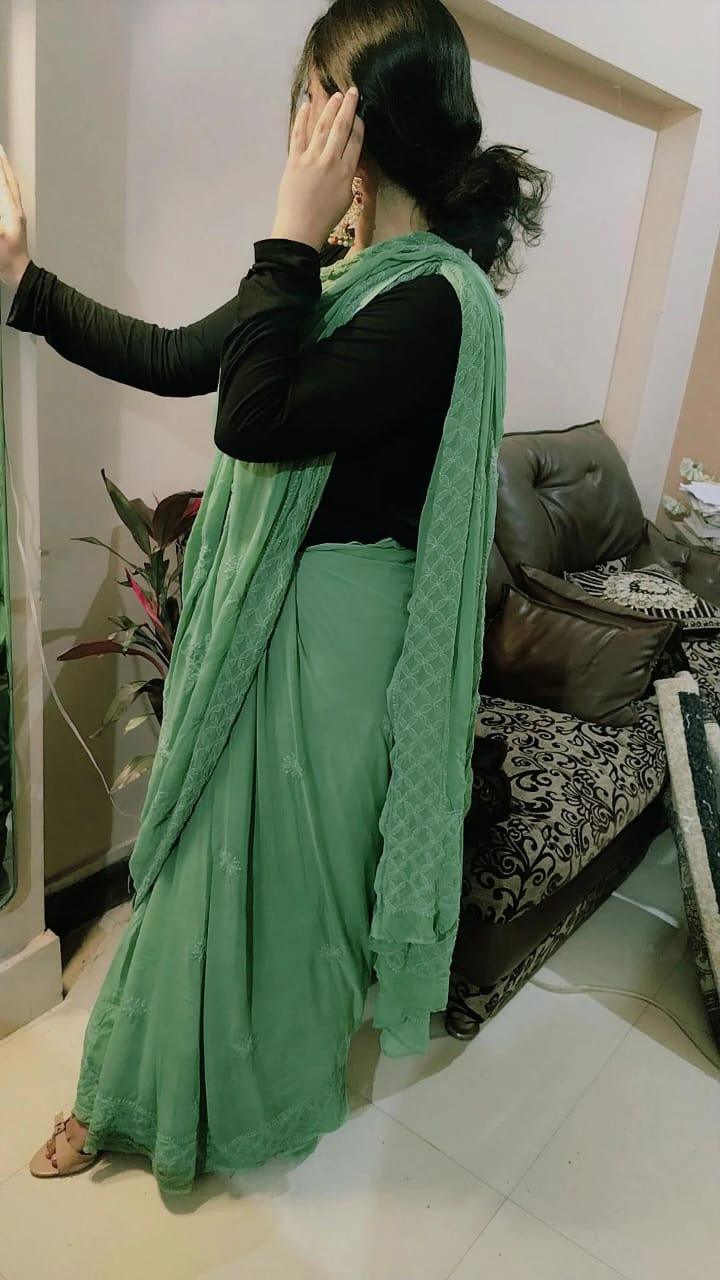 Green Elegant Chikankari Georgette Saree with Black Blouse - Inayakhan Shop 