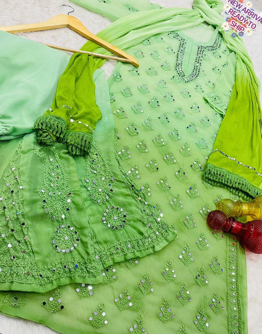 Green Enchanting Lucknawi Jaal - Chikankari Festive Set - Kurti, Sharara & Dupatta -(Inner Included) - Inayakhan Shop 