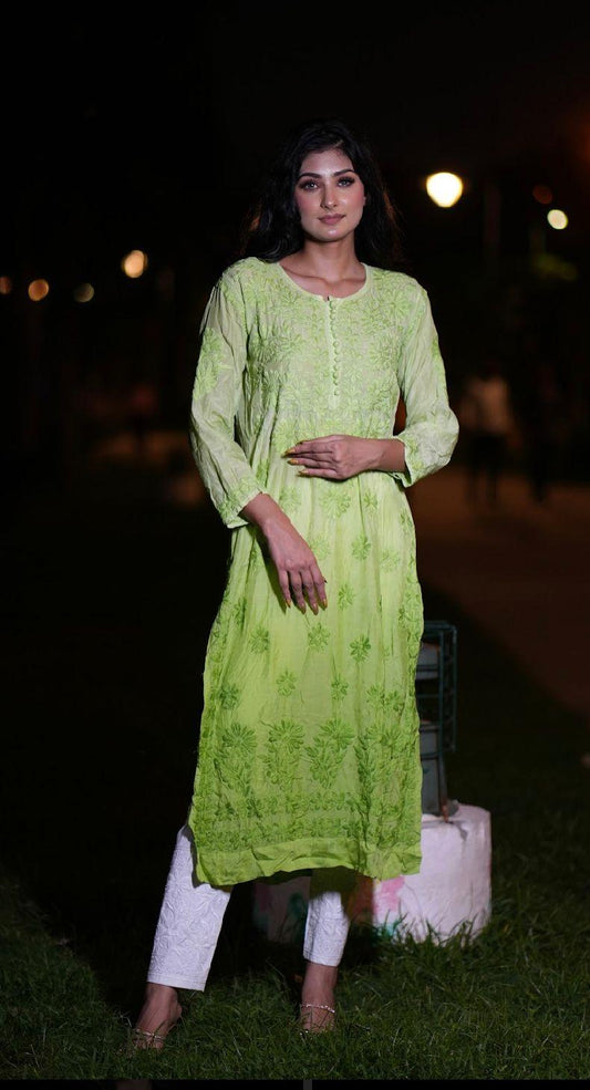 Green Ethereal Blossoms: 3D Muslin Kurti and Pant Set - Inayakhan Shop 