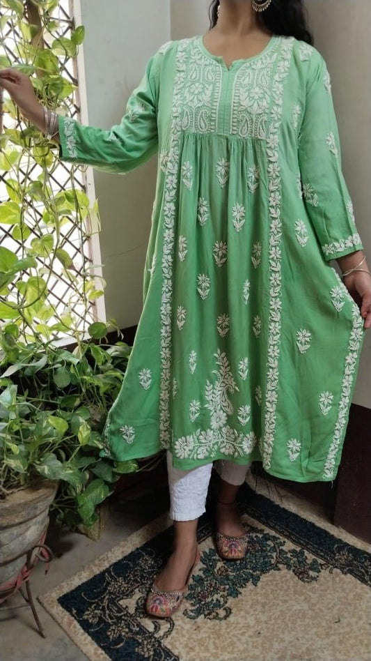 Green Exclusive Chikankari Work Rayon Naira Cut Kurti and Pant Set - Inayakhan Shop 