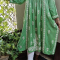 Green Exclusive Chikankari Work Rayon Naira Cut Kurti and Pant Set