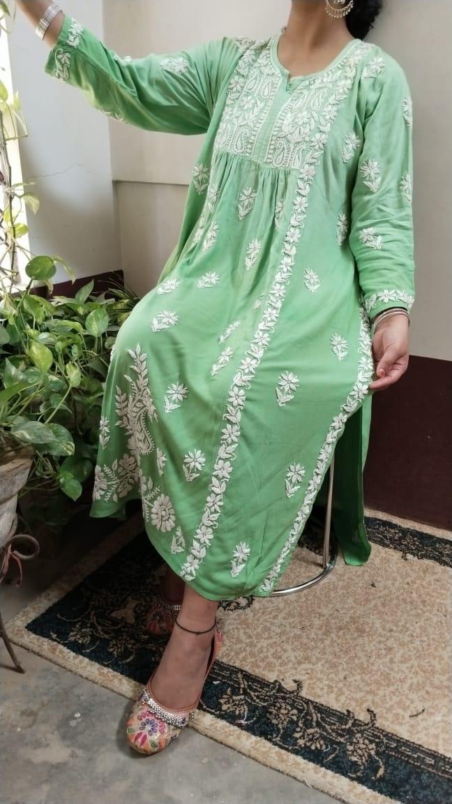 Green Exclusive Chikankari Work Rayon Naira Cut Kurti and Pant Set - Inayakhan Shop 