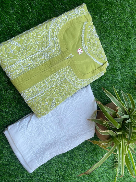 Green Exclusive Cotton Voile Chikankari Handwork Kurti with Pants - Inayakhan Shop 