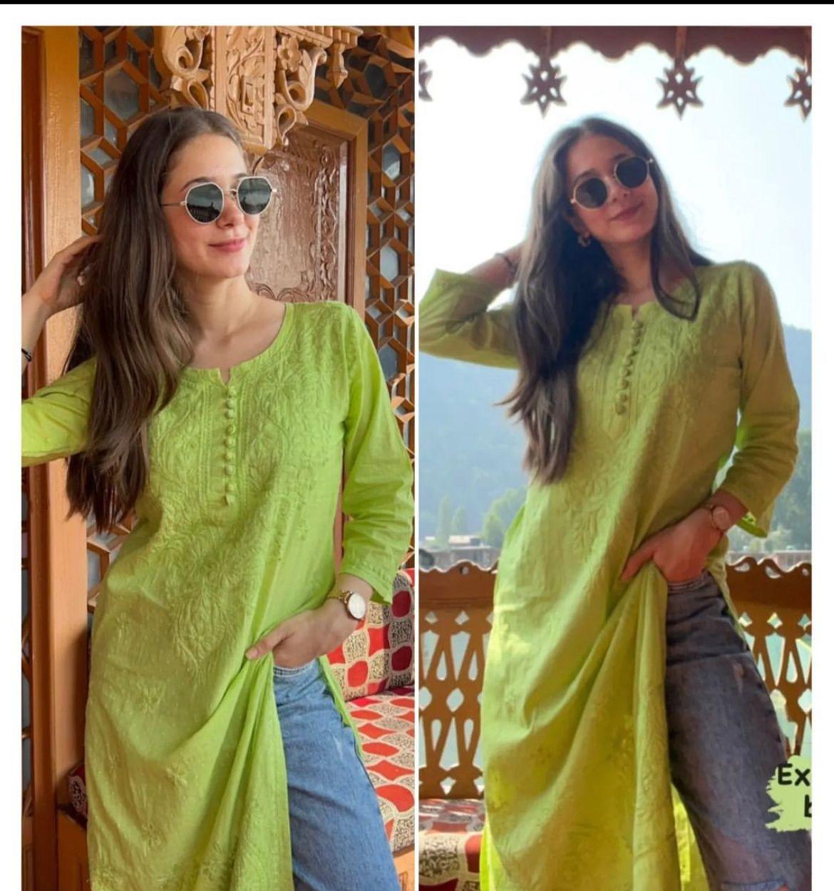 Green Exclusive Dyeable Dobby Cotton Kurti with Ghaspatti Work Pant Set - Inayakhan Shop 