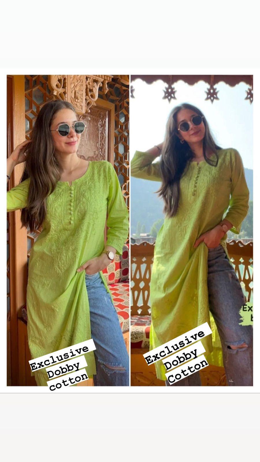 Green Exclusive Dyeable Dobby Cotton Kurti with Ghaspatti Work Pant Set - Inayakhan Shop 