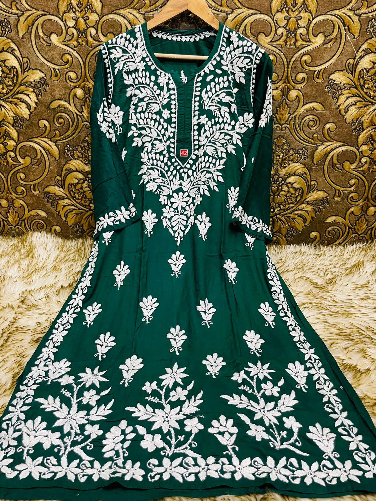 Green Exquisite Lucknowi Chikankari Modal Kurti with White Rayon Palazzo - Inayakhan Shop 