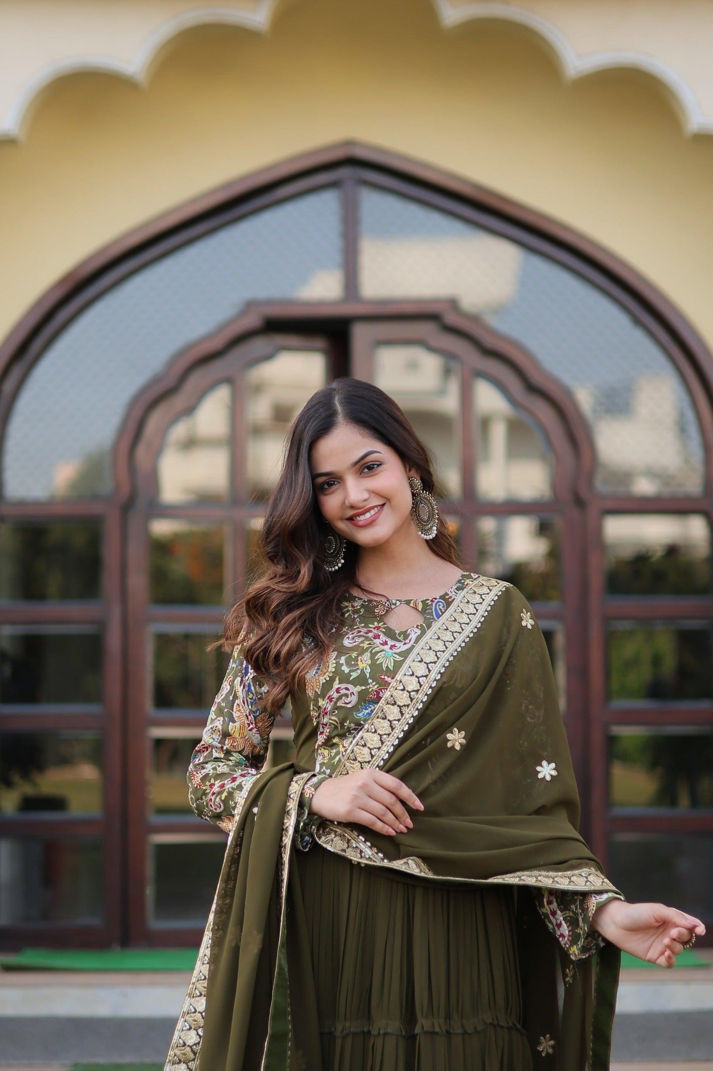 Green Floral Fantasy Gown-Dupatta Collection - Inayakhan Shop 