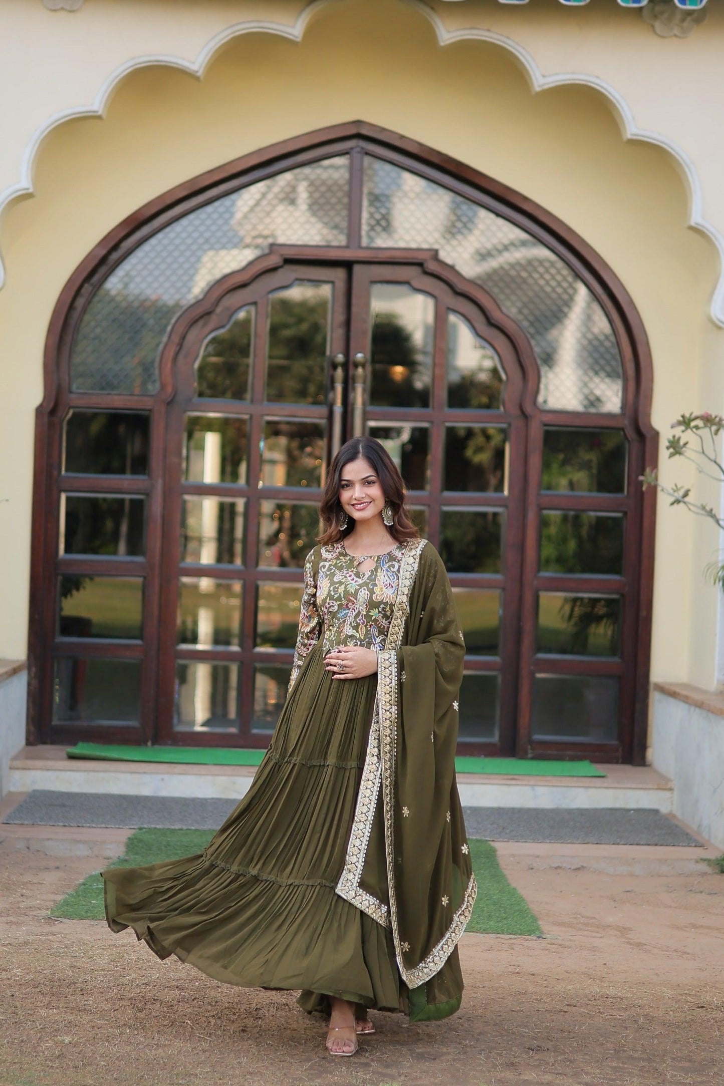 Green Floral Fantasy Gown-Dupatta Collection - Inayakhan Shop 
