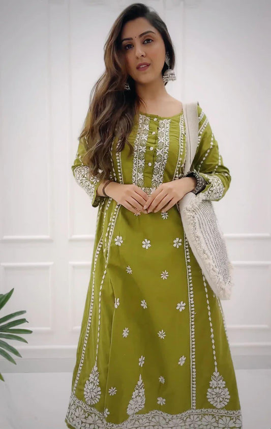 Green Floral Fantasy Rayon Top with Embroidered Palazzo - Inayakhan Shop 