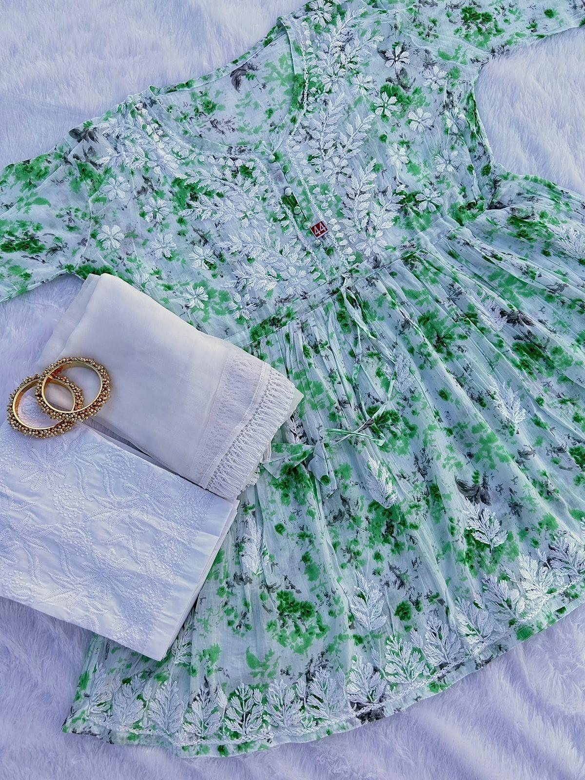 Green Floral Print Mul Mul Short Gown, Dupatta, and Pant Full Combo Set. - Inayakhan Shop 