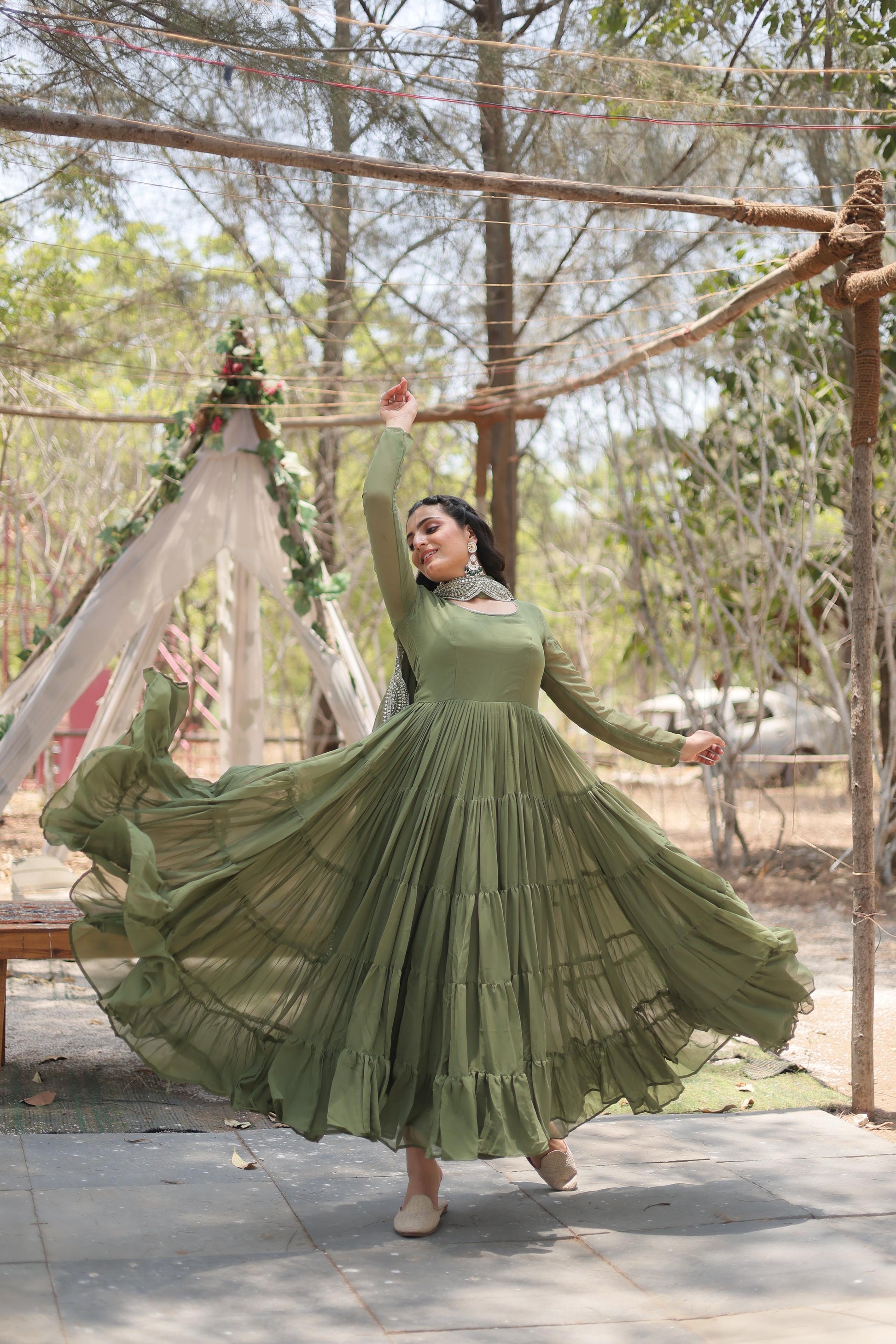 Green Fully Flared Gown with Designer Embroidered Dupatta - Inayakhan Shop 