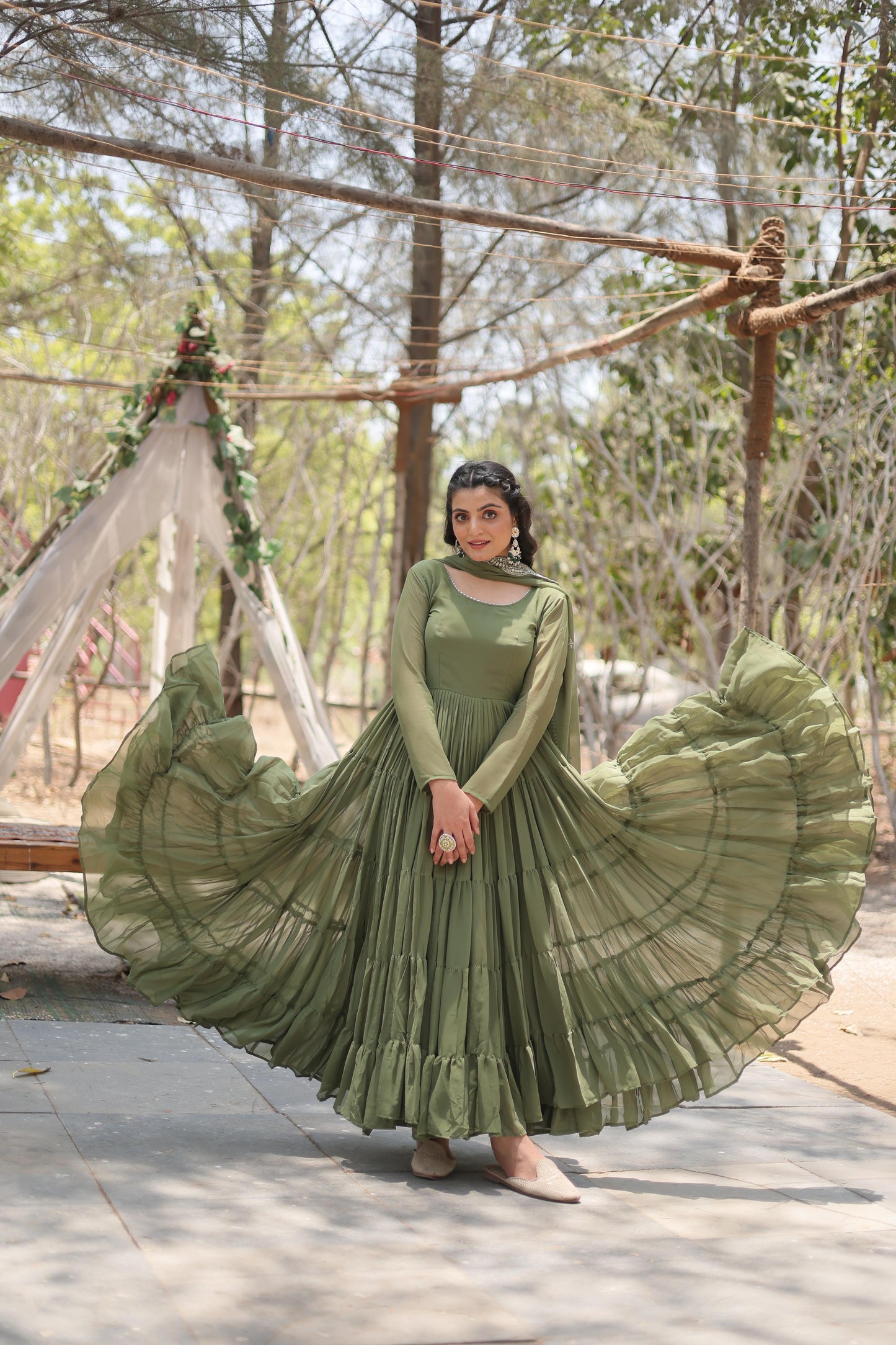 Green Fully Flared Gown with Designer Embroidered Dupatta - Inayakhan Shop 