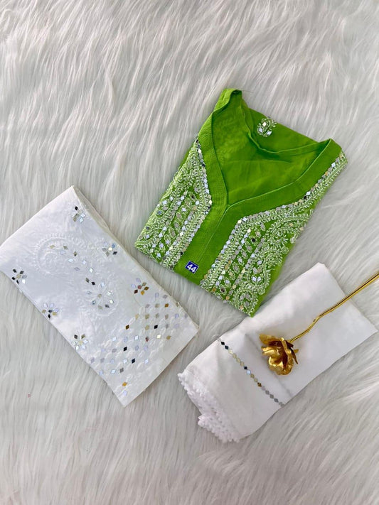 Green Georgette Mirror Gala Booti Chikankari Set with Beautiful Handwork Embroidery - Inayakhan Shop 