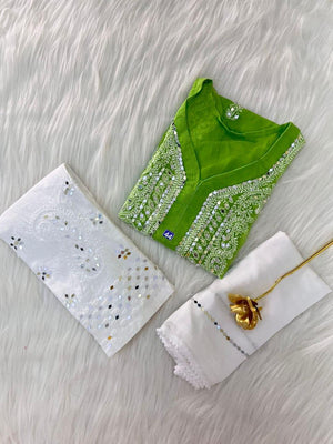 Green Georgette Mirror Gala Booti Chikankari Set with Beautiful Handwork Embroidery