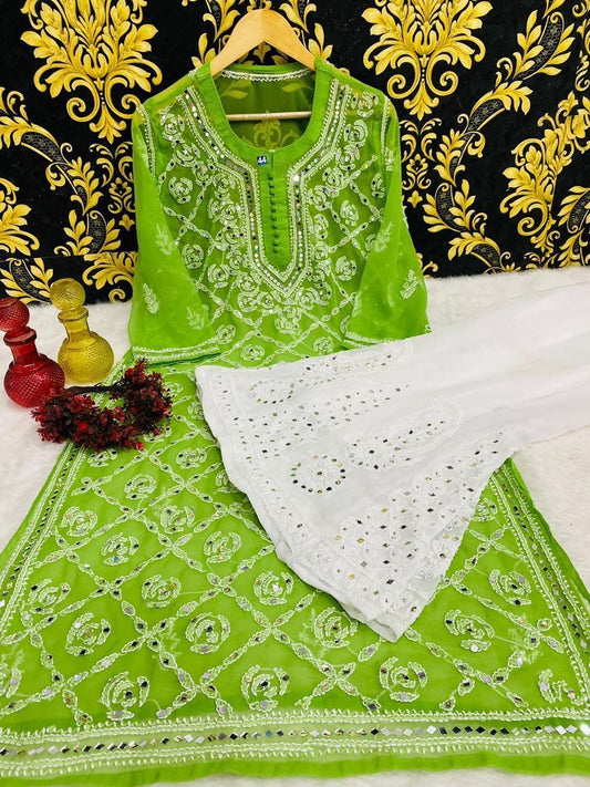 Green Graceful Lucknawi Georgette Chikankari Mirror Kurti with Mirror Sharara (INNER INCLUDED) - Inayakhan Shop 