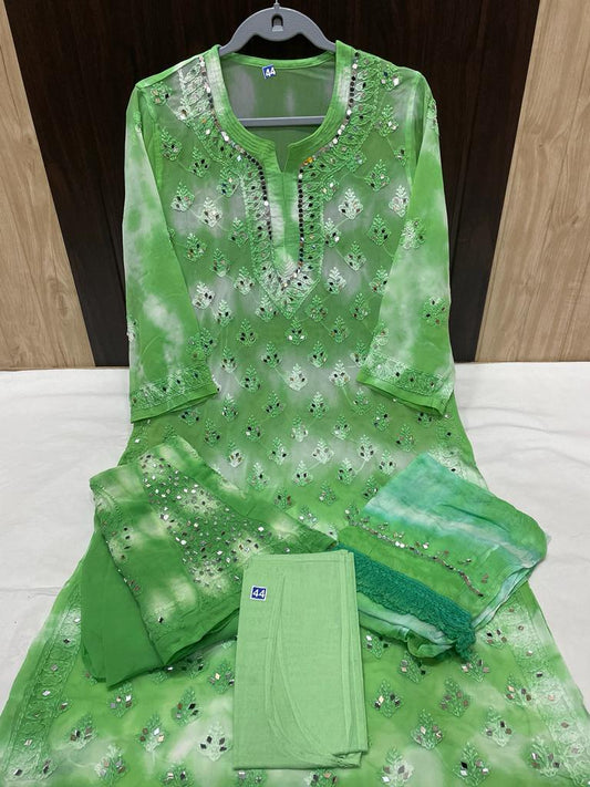 Green Groovy Reflections Tie Dye 3-Piece Chikankari Mirror Set with Inner Delight - Inayakhan Shop 