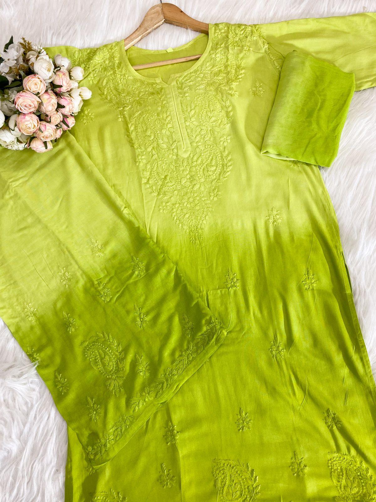 Green Handcrafted Soft Rayon 3-Piece Dyed Ombre Set - Inayakhan Shop 