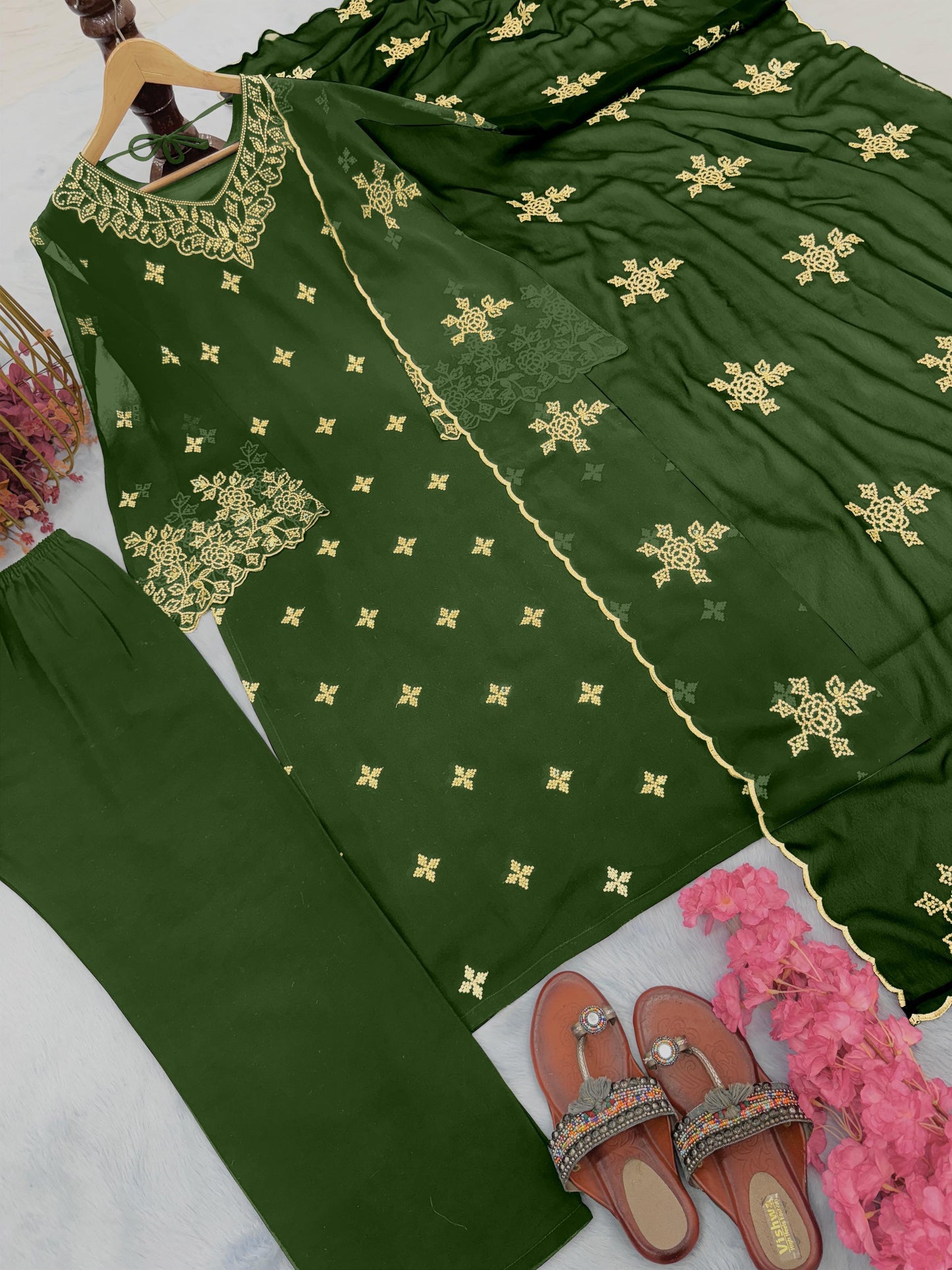 Green Inayakhan Designer Party Wear Faux Georgette Top, Plazzo, and Dupatta Set - Inayakhan Shop 