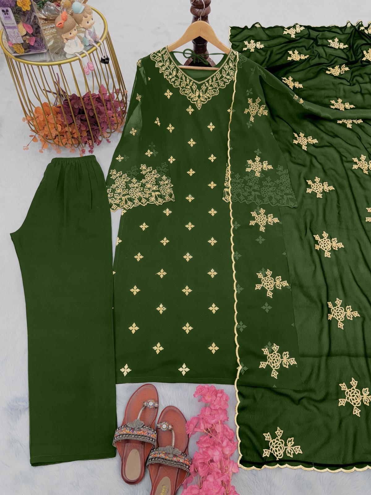 Green Inayakhan Designer Party Wear Faux Georgette Top, Plazzo, and Dupatta Set - Inayakhan Shop 