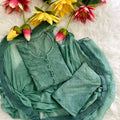 Green Lucknow Chikankari Hand Work Dobby Cotton Tone-to-Tone 3-Piece Co-ord Palazzo Set with Chiffon Dupatta