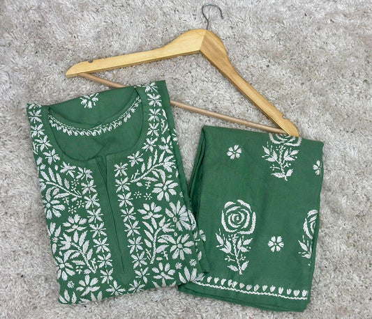 Green Lucknowi Splendor: Rayon Embroidered Kurti and Palazzo Set - Inayakhan Shop 