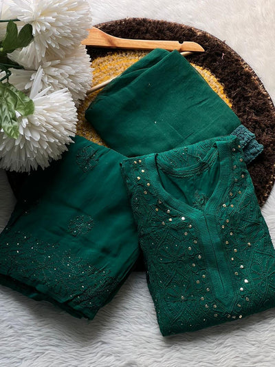 Green Luxe Chikankari Bliss: Premium Viscose Set with Sharara