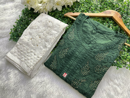 Green Mukaish Chanderi Dyeable Kurti and Pant Set - Inayakhan Shop 