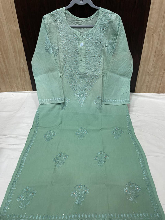 Green Mukesh Magic: Mul Cotton Dyed Kurti - Inayakhan Shop 