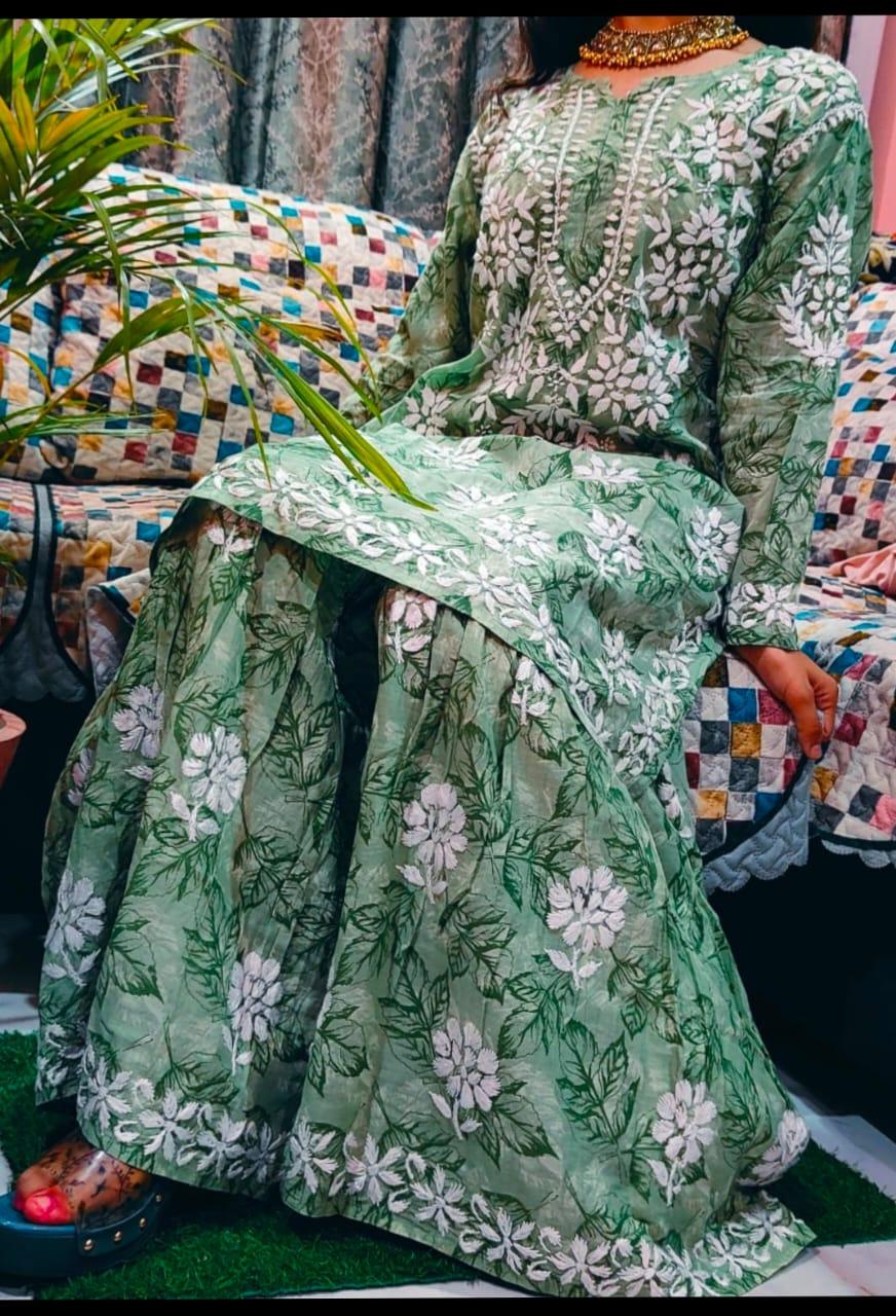 Green Mulmul Floral Printed Lucknow Chikankari Kurti & Gharara Set - Inayakhan Shop 
